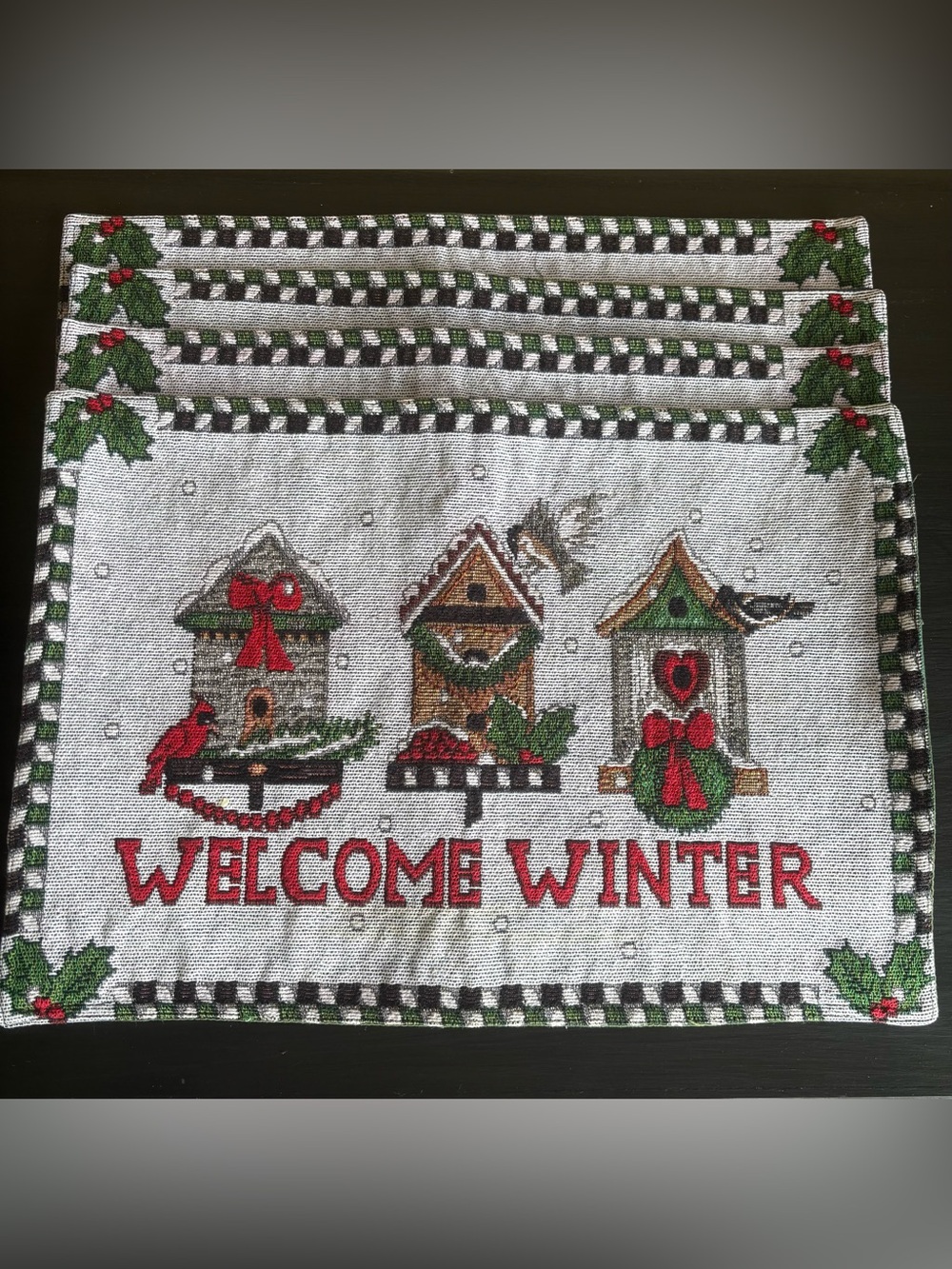 Tapestry Placemats Winter Cardinals Birdhouse Holiday Red 18" x 12 1/2” Set of 4